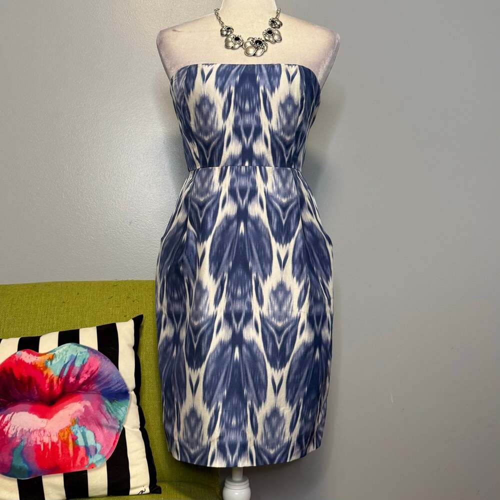 J Crew Collection Blue Silk Ikat Strapless Cocktail Sheath Dress 2